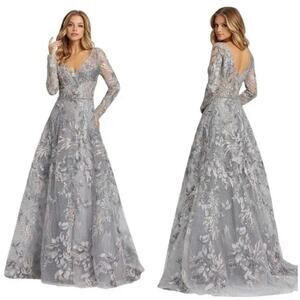 Mac Duggal { 20214 } Gray Long Sleeve Beaded Applique Gown  [ 16 ]